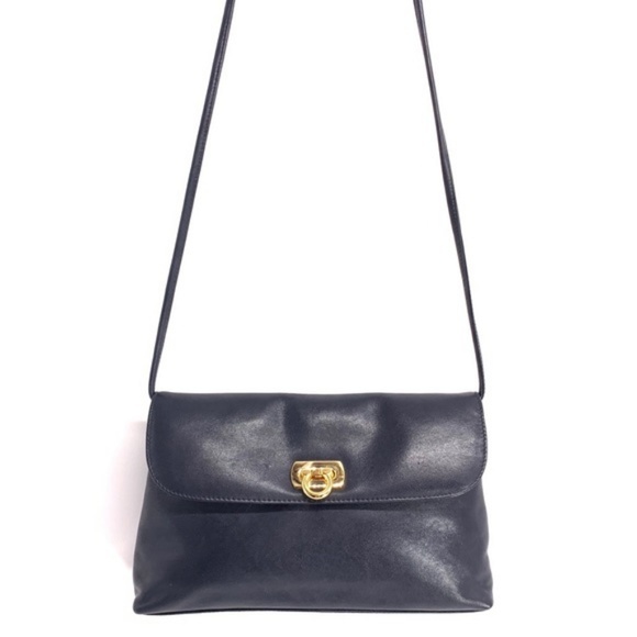 Vtg 1970s Leather Bechamel Navy Crossbody/ Bag - Picture 1 of 4